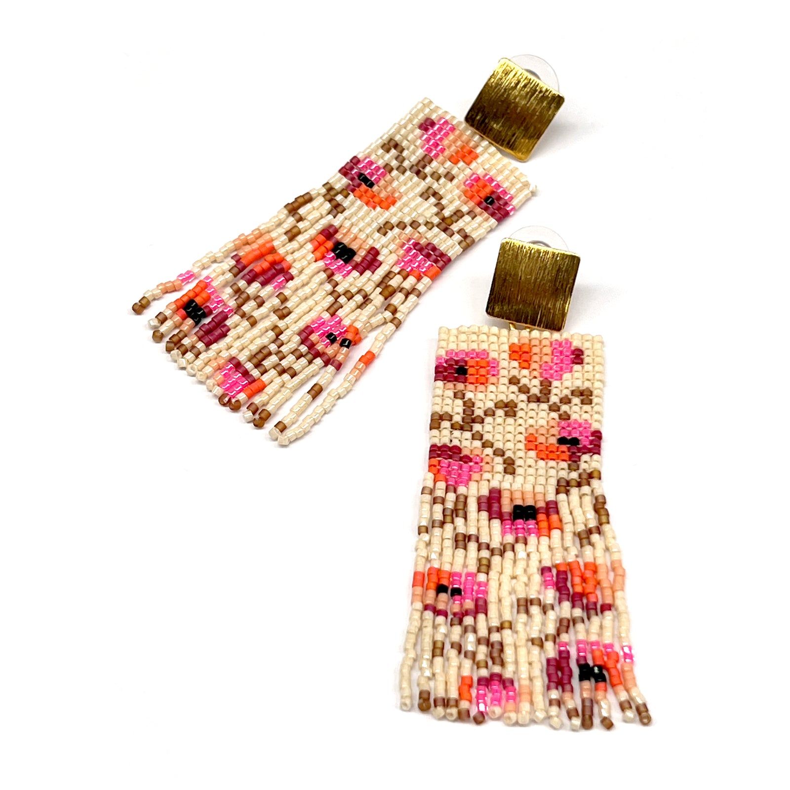 Beaded Handwoven Poppy Flower Fringe Earrings