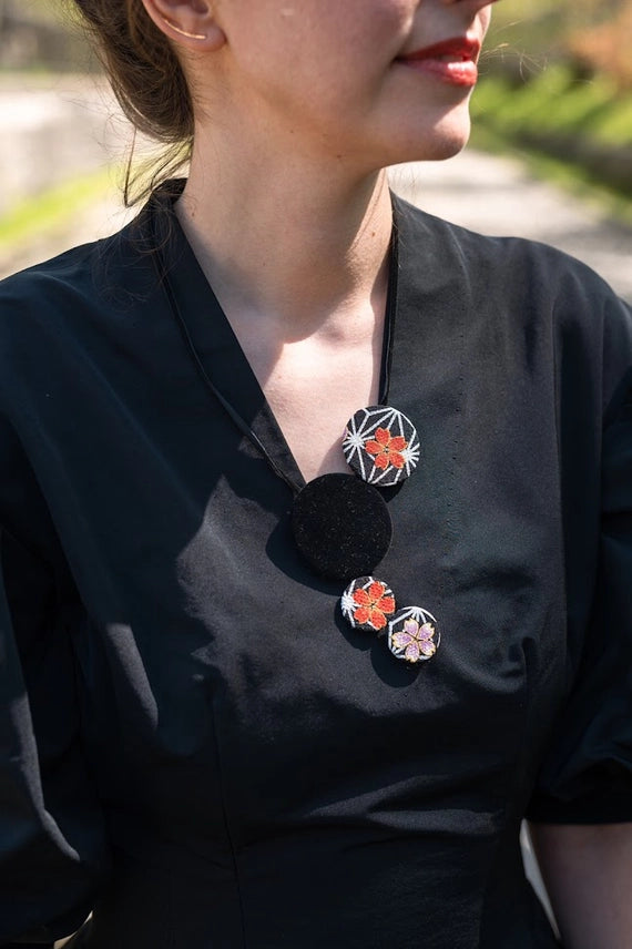 Kimono Fabric Circles Necklace