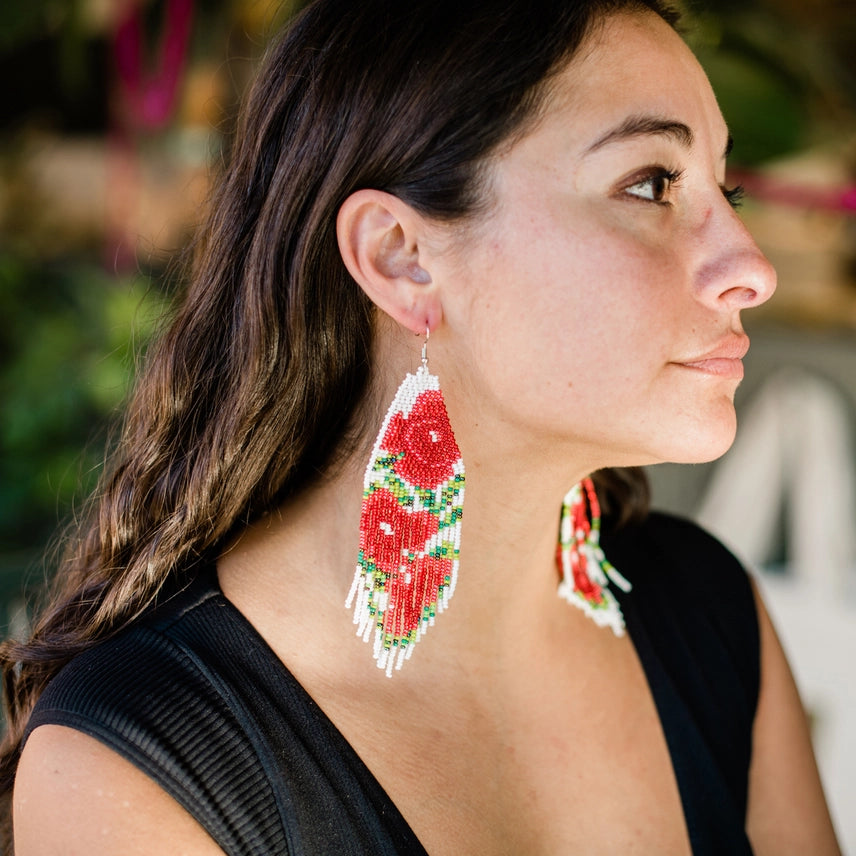 White Rose Beaded Oversized Earrings