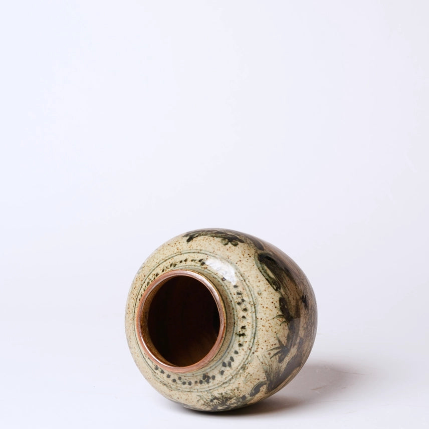 Rustic Porcelain Crane + Deer Small Round Vase