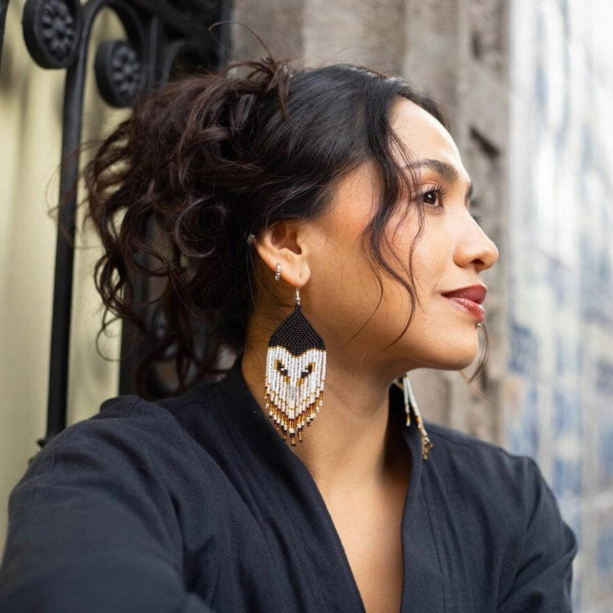 Moonlight - Native Beaded Owl Earrings in Night Tones