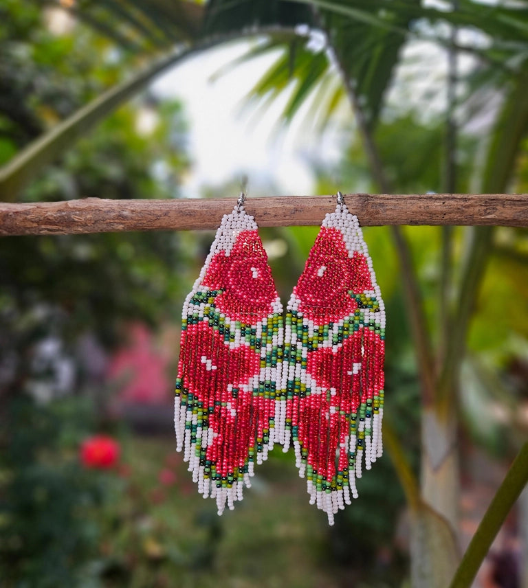 White Rose Beaded Oversized Earrings