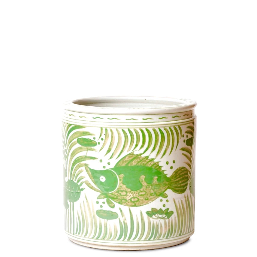 Green and White Porcelain Fish and Lotus Cachepot