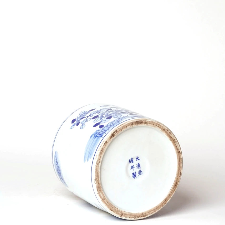 Small Blue + White Porcelain Bird and Flower Cachepot