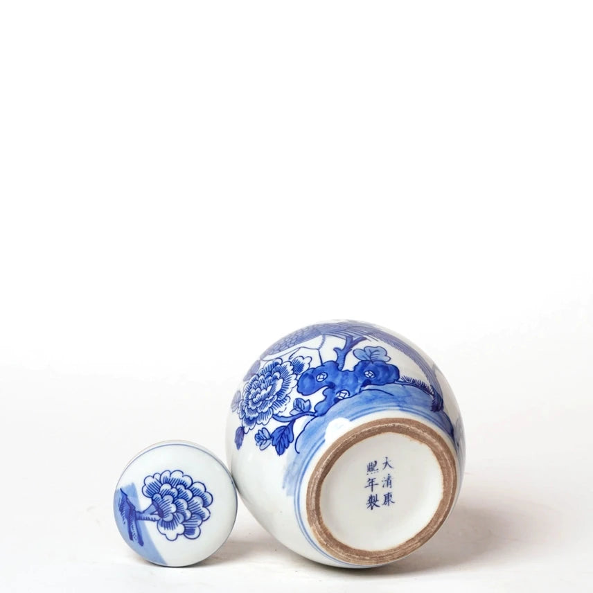 Blue + White Porcelain Golden Pheasant Round Storage Jar