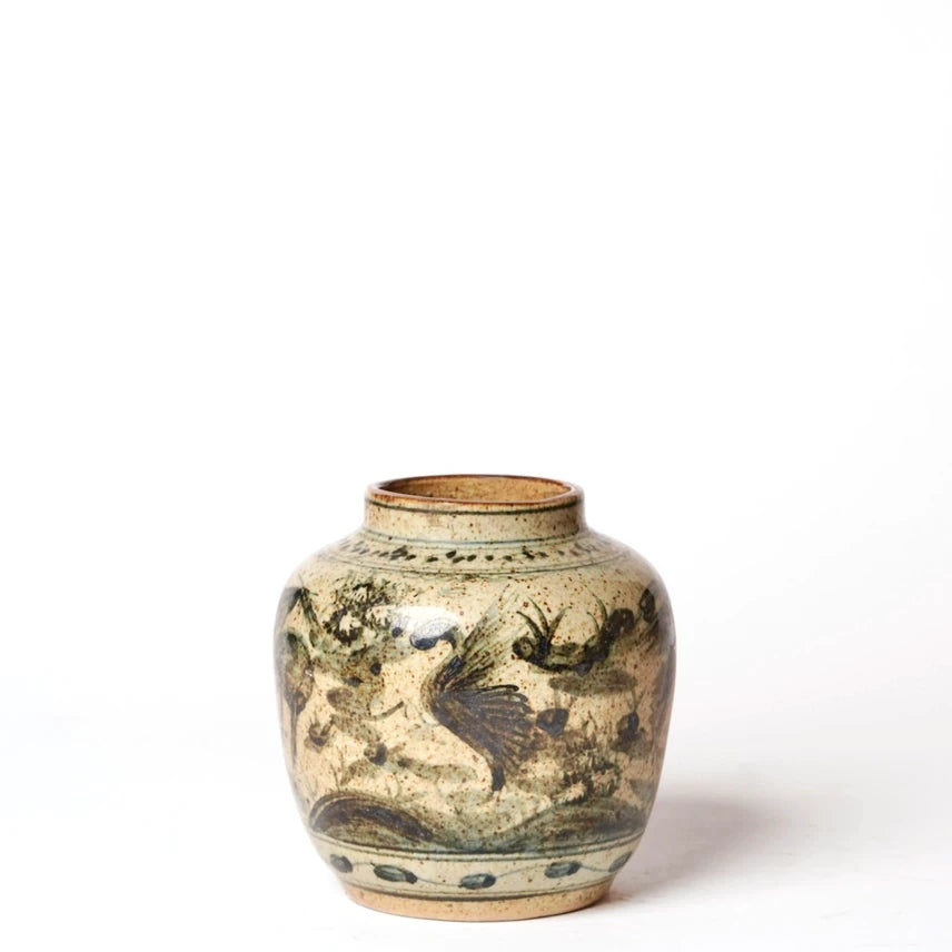 Rustic Porcelain Crane + Deer Small Round Vase