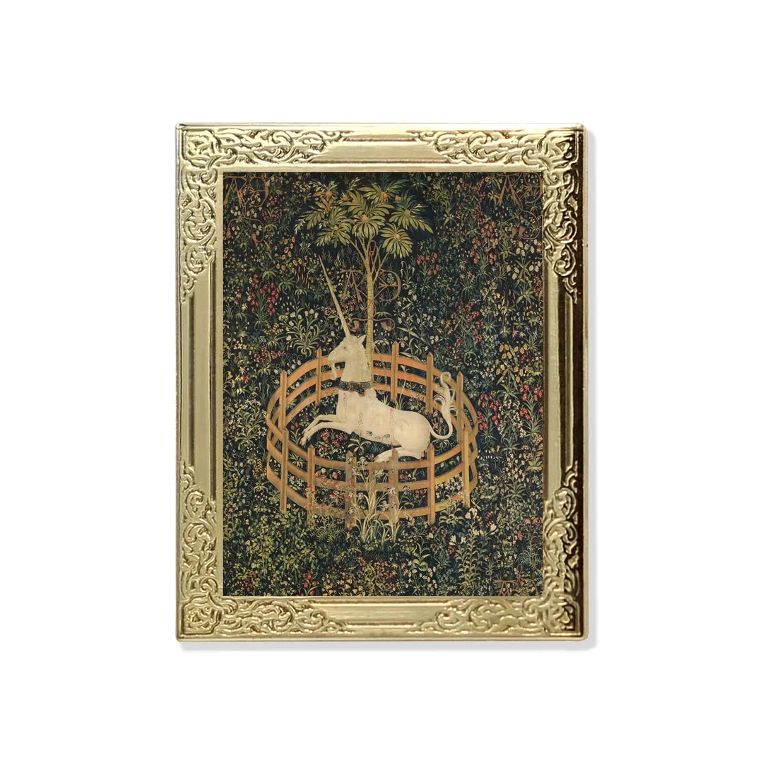 The Unicorn Rests in a Garden Art Frame Pin - Fine Art Lapel Pin