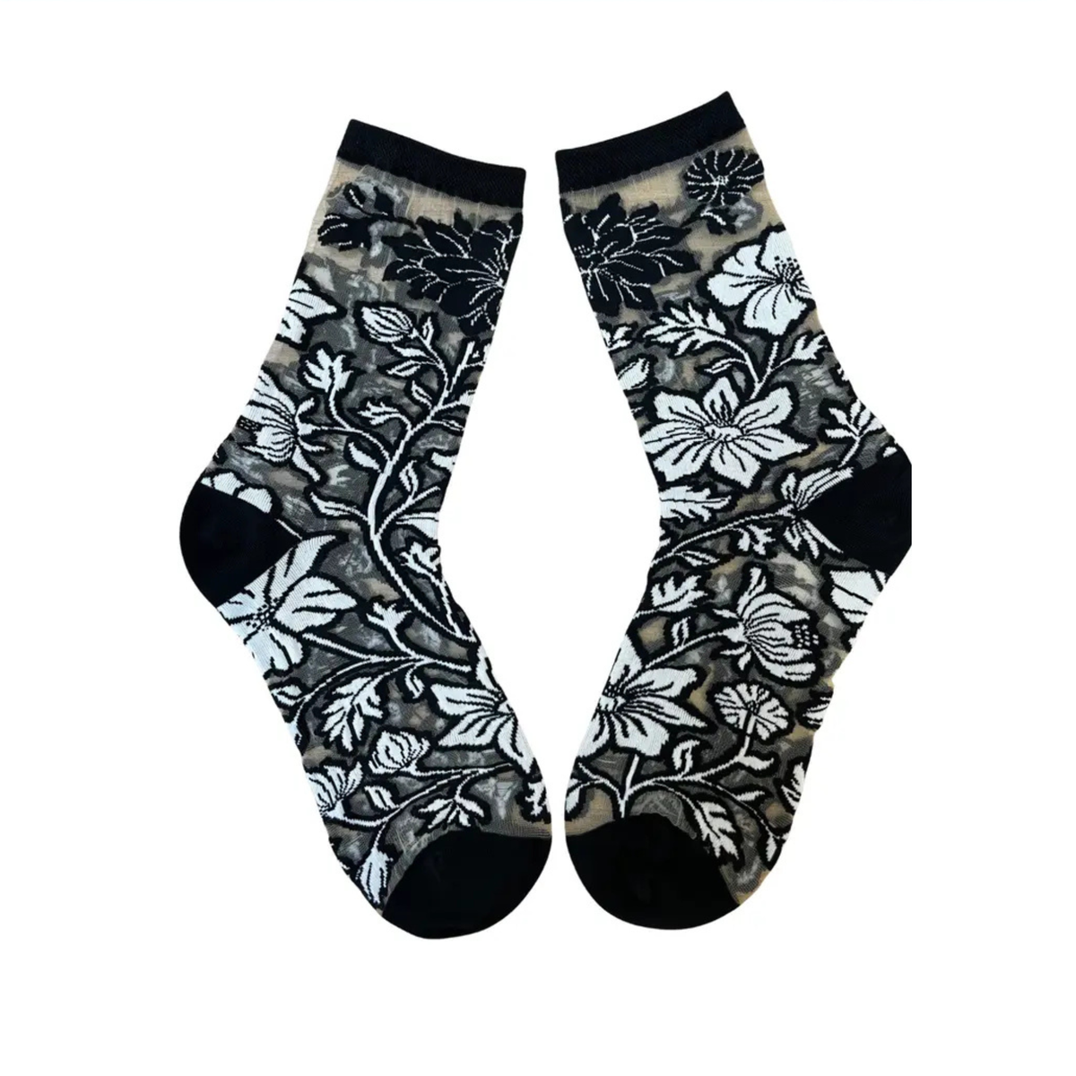 Black + White Floral Crew Socks