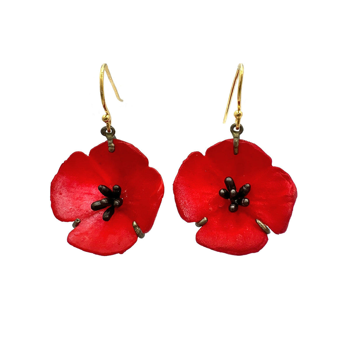 Red Poppy Wire Drop Earrings by Michael Michaud