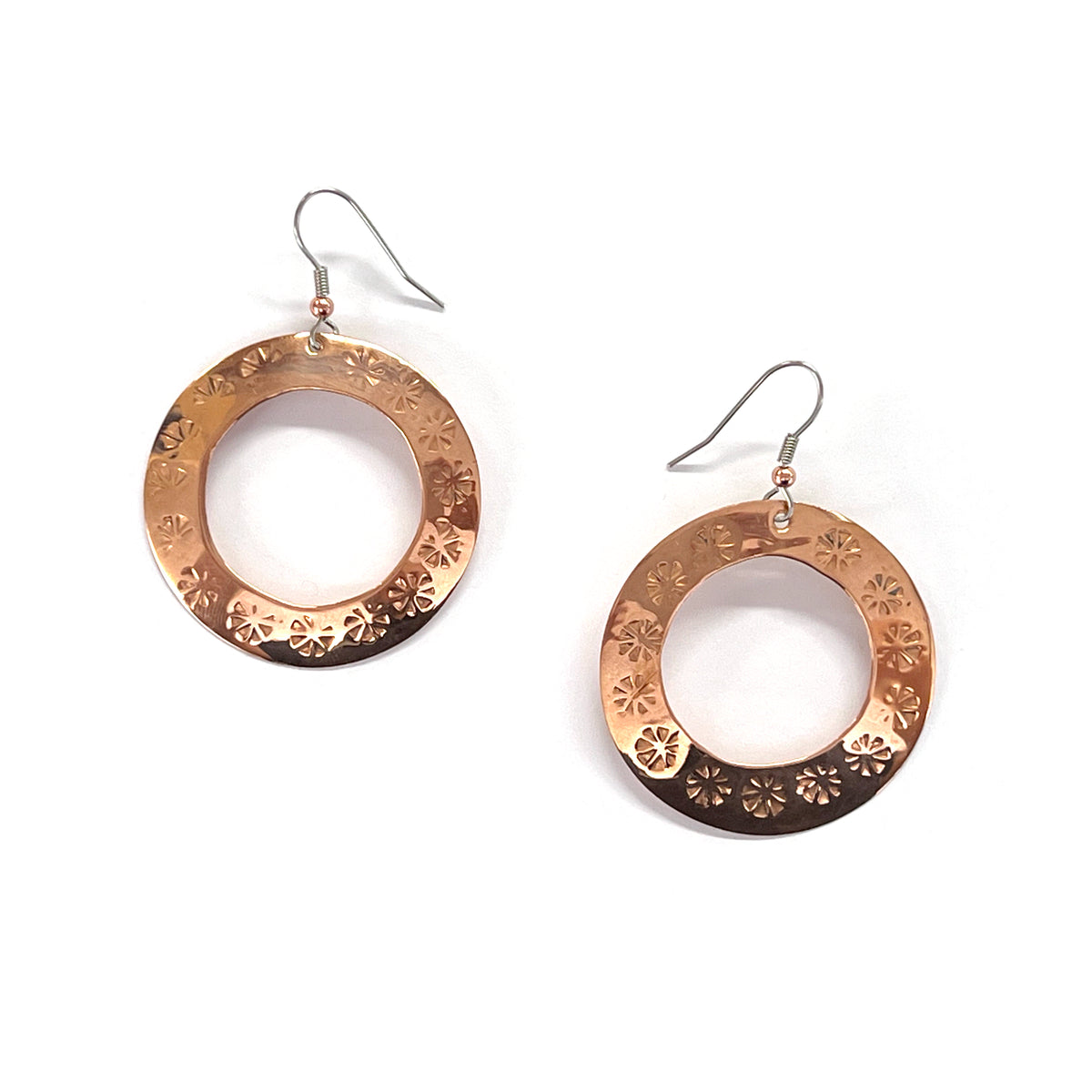 Polished Copper Engraved Ring Earring