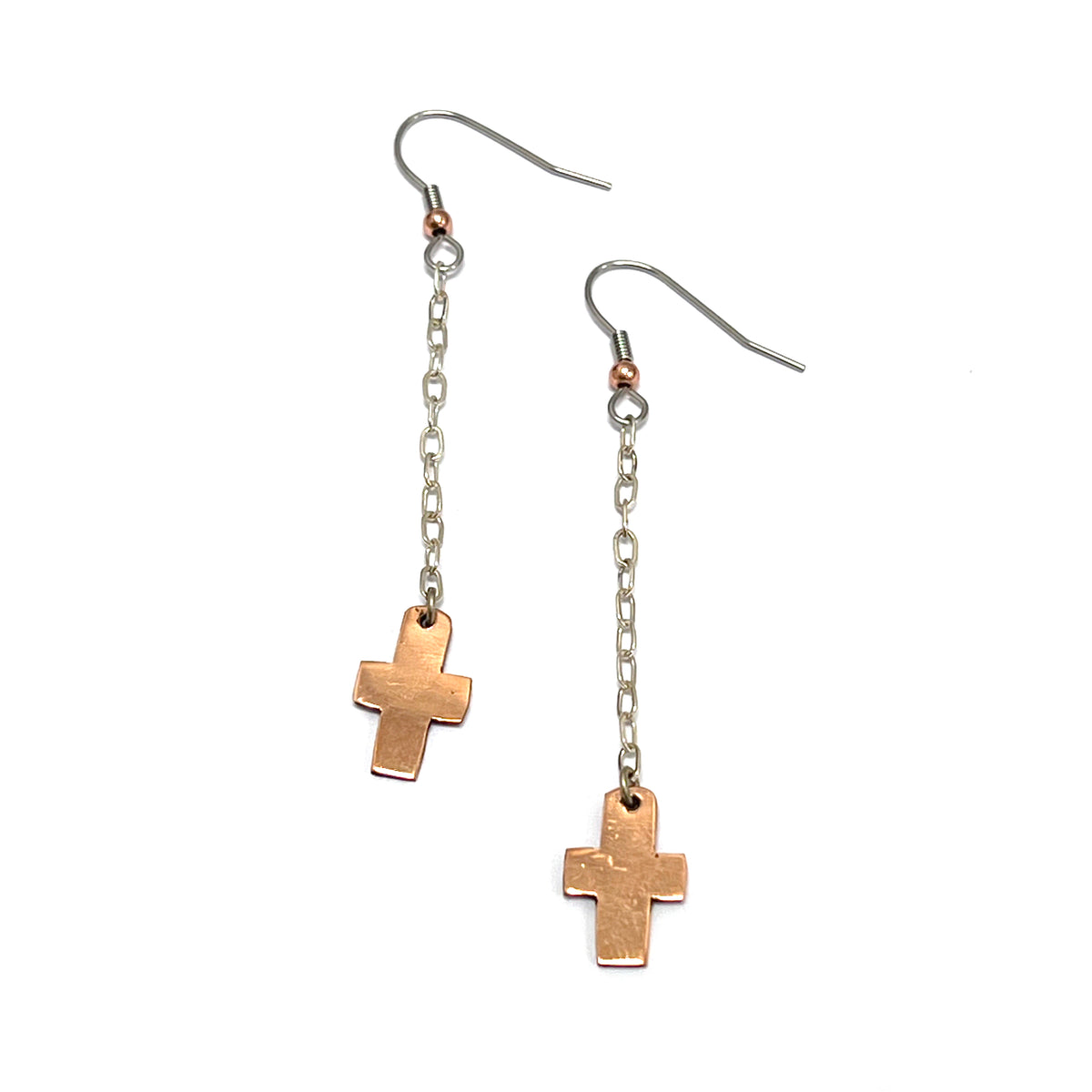 Copper Cross On Silver Chain Earrings