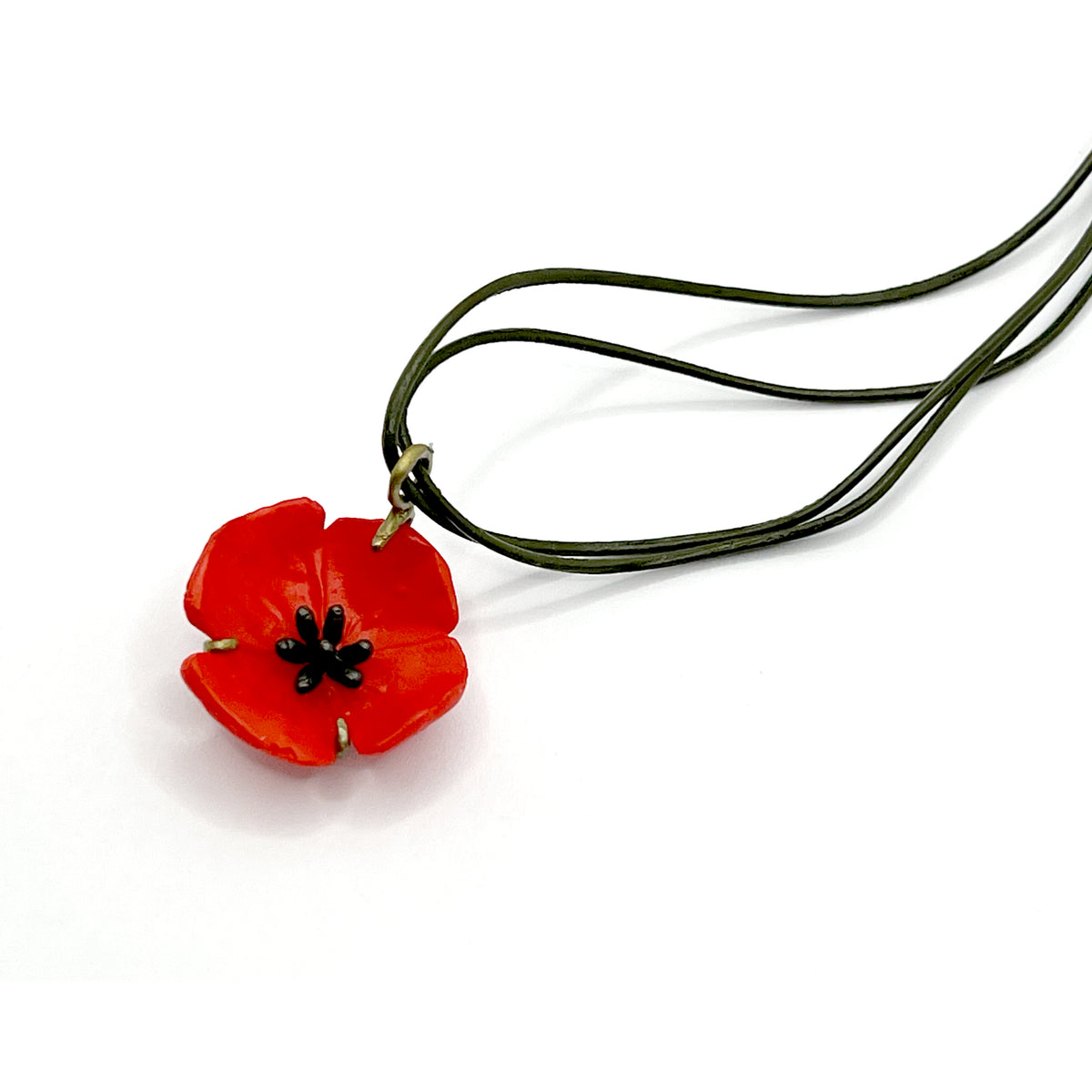 Michael Michaud Red Poppy Leather Pendant Necklace