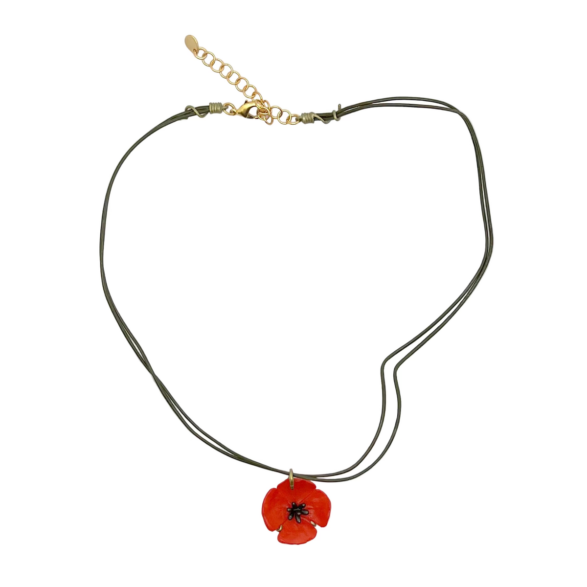 Michael Michaud Red Poppy Leather Pendant Necklace