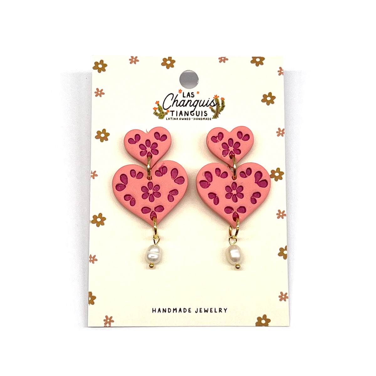 Talavera Inspired Heart with Pearl Charm Earrings