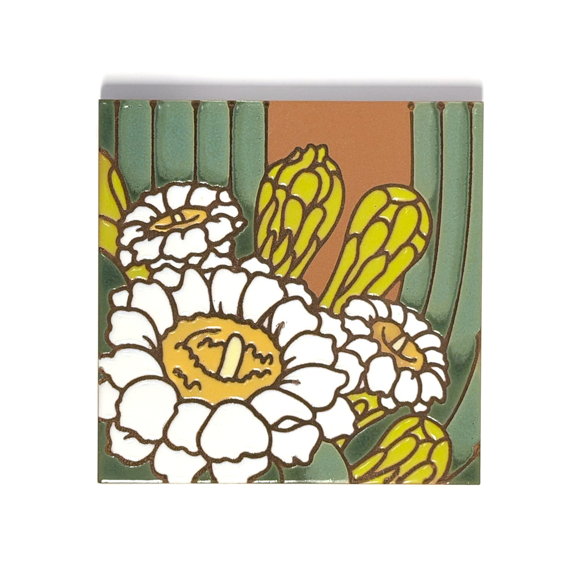 Saguaro Cactus Bloom Hand Glazed Tile
