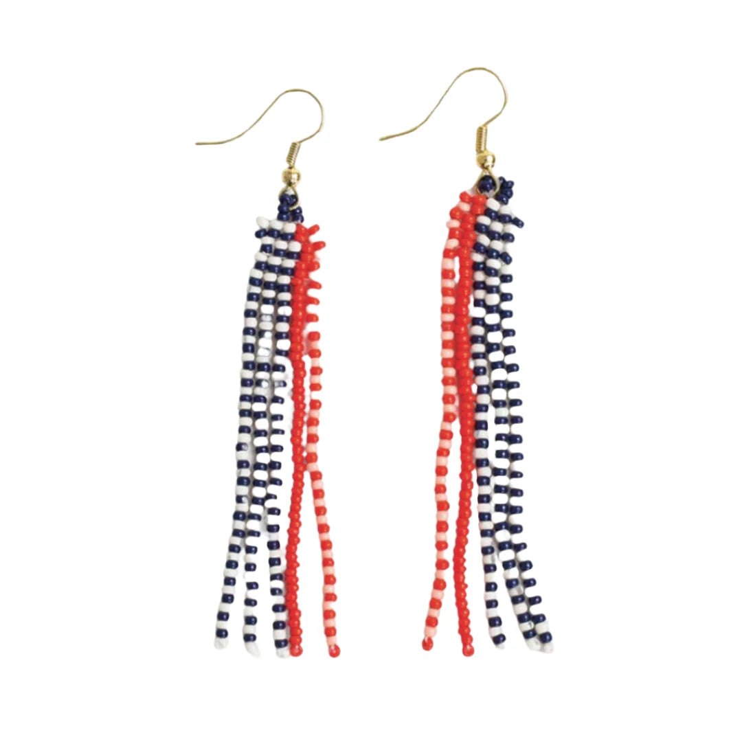 Melissa Speckled Border With Solid Middle Beaded Fringe Earrings in Poppy