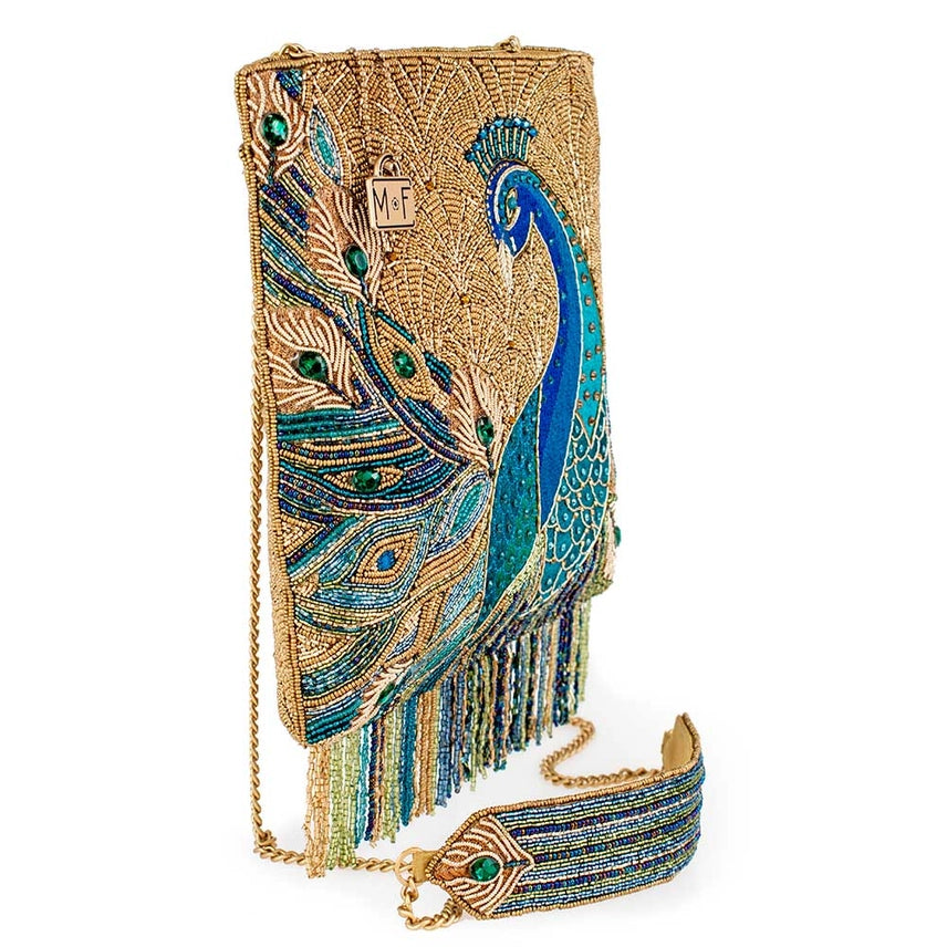 Mary Frances Peacock Feathers Beaded Crossbody Bag