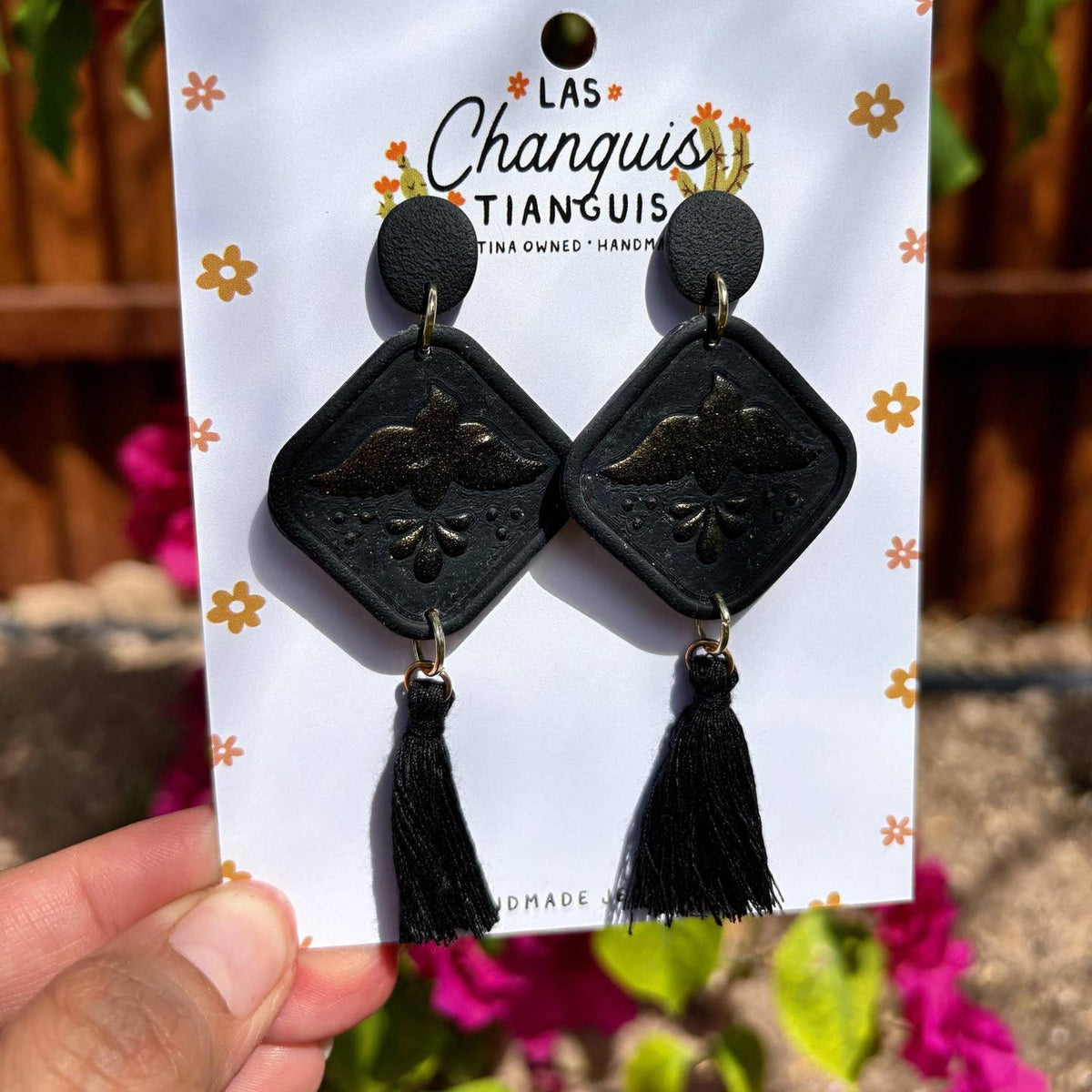 Handmade Mexican Tile Paloma Negra Dangle Earrings