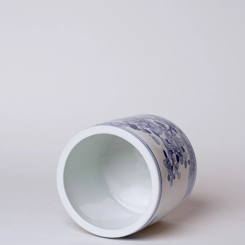 Small Blue + White Porcelain Bird and Flower Cachepot