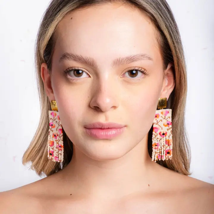Beaded Handwoven Poppy Flower Fringe Earrings