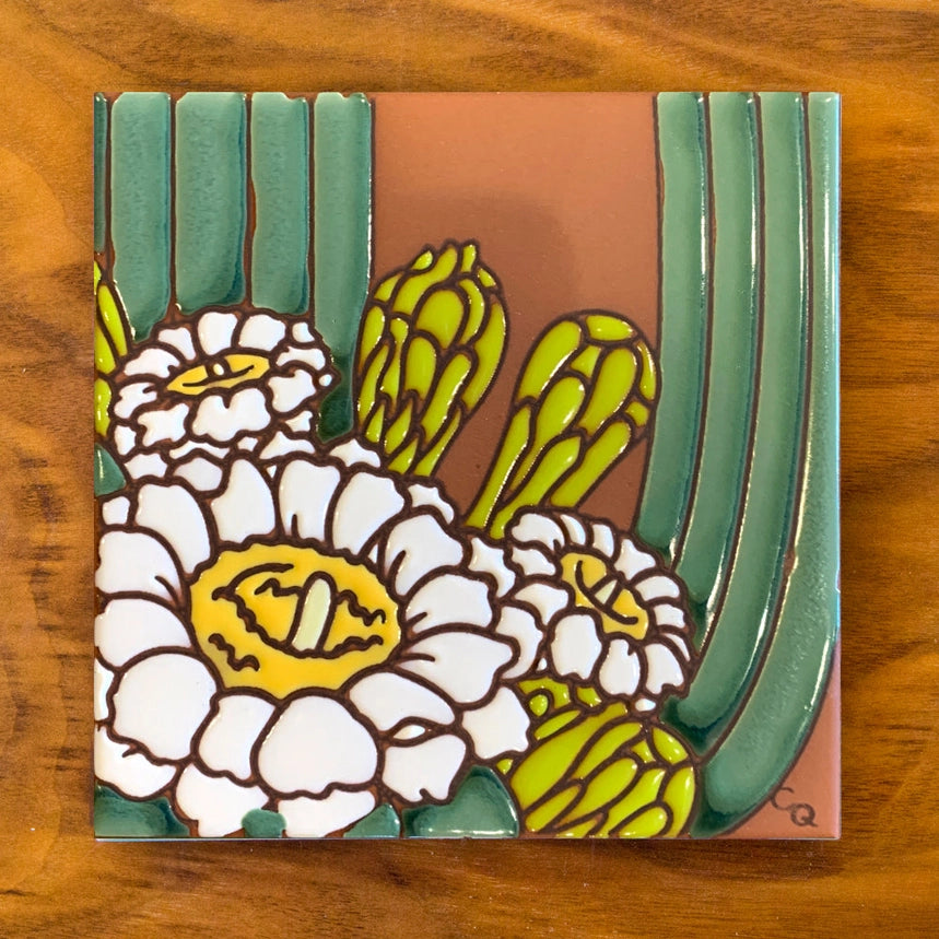 Saguaro Cactus Bloom Hand Glazed Tile