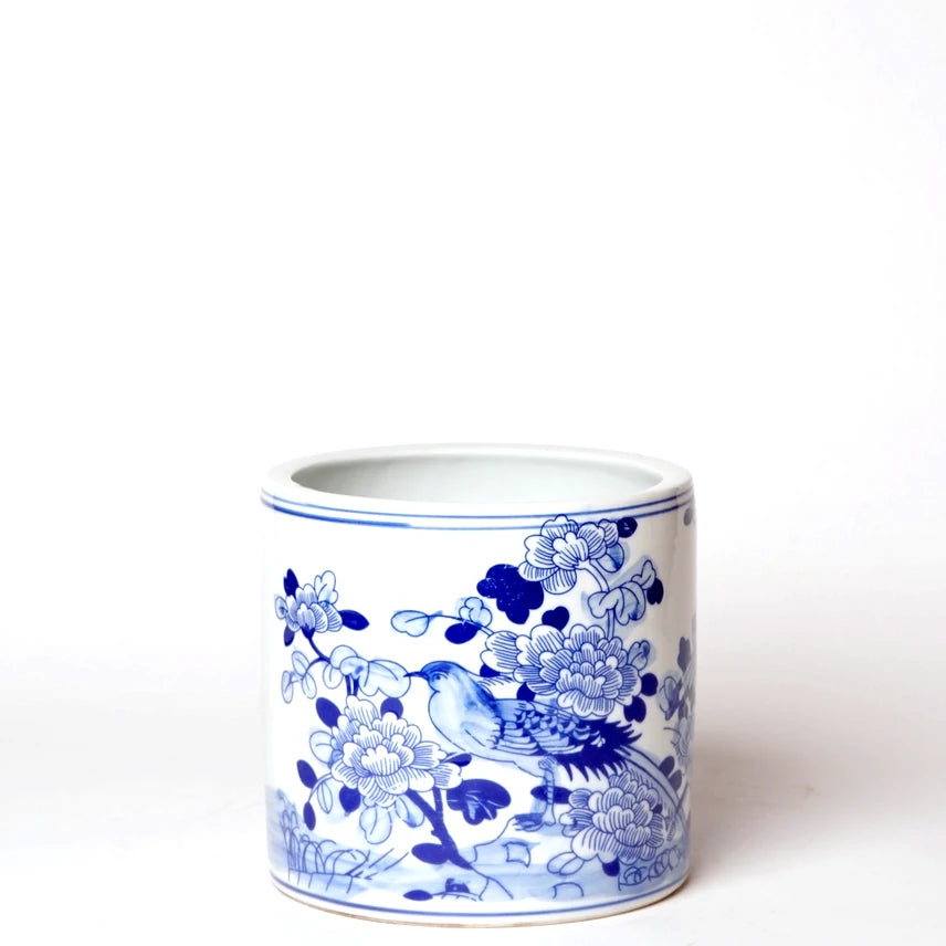 Small Blue + White Porcelain Bird and Flower Cachepot