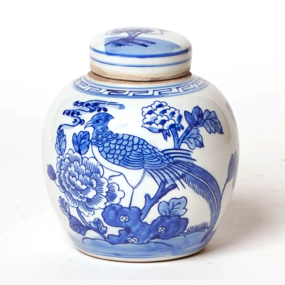 Blue + White Porcelain Golden Pheasant Round Storage Jar