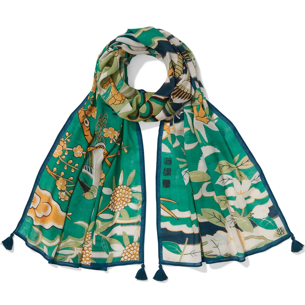 Ming Birds and Flowering Branches Oversize Oblong Scarf