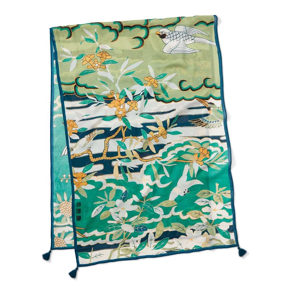 Ming Birds and Flowering Branches Oversize Oblong Scarf