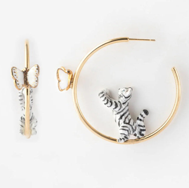 Nach Round Tabby Cat + Butterfly Earrings
